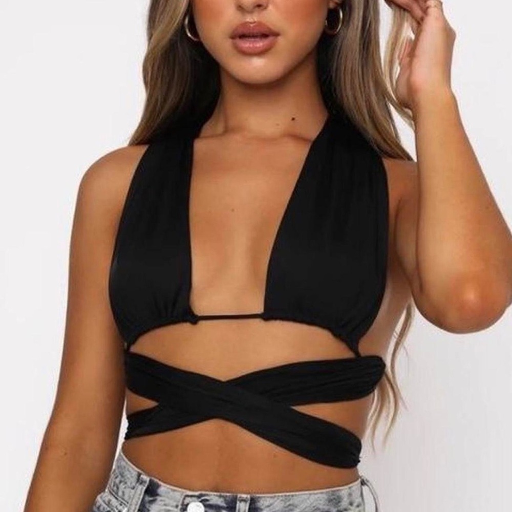 White Fox Boutique Black Wrap Crop Top
